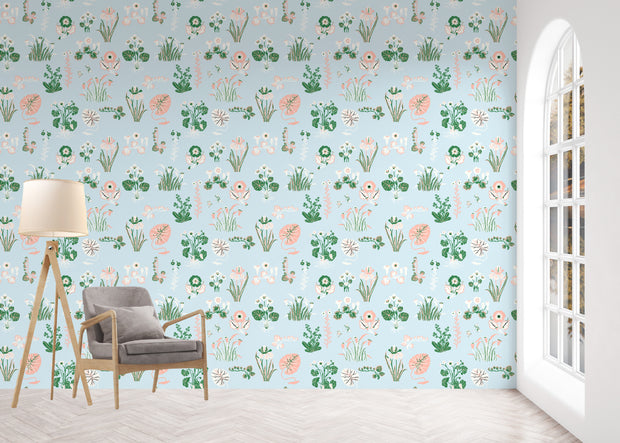 Marsh Flower Wallpaper in Blue Tint & Pink Clay | Sarah Gordon