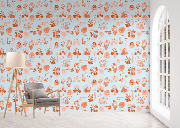 Marsh Flower Wallpaper in Blue Tint & Terracotta | Sarah Gordon