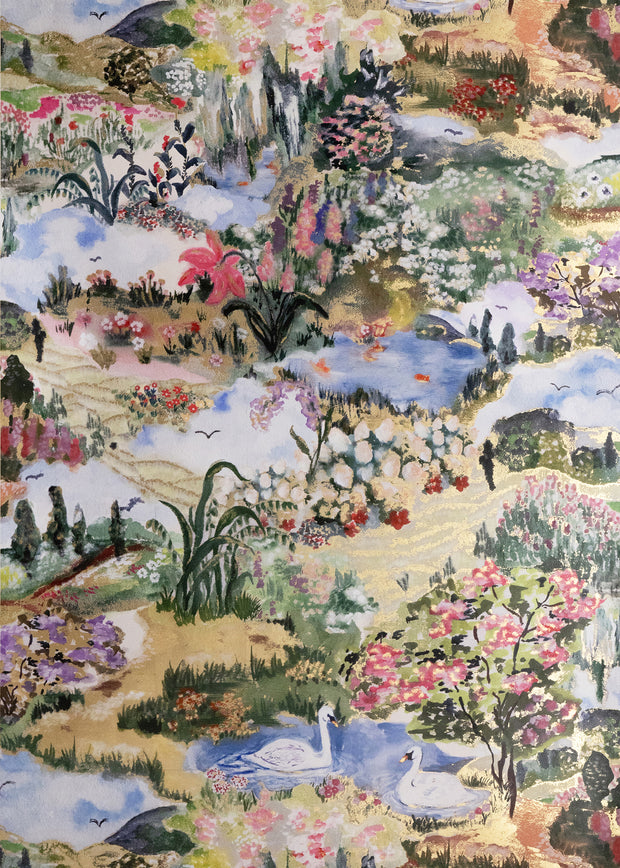 A section of wallpaper showcasing a meadow scene with various plants, flowers, and a bird, embellished with gold leaf details - Gold Meadow Wallpaper – Laura Chautin Artist Series Wallcovering