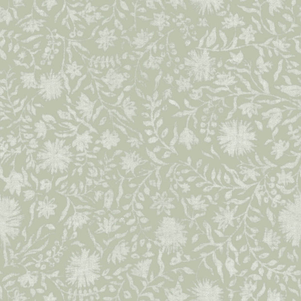 A section of wallpaper with a floral pattern in various shades of green. Sage - Madras Floral Wallpaper by Panel