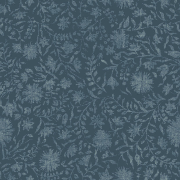 A section of wallpaper with a floral pattern in a blue color. Slate - Madras Floral Wallpaper by Panel