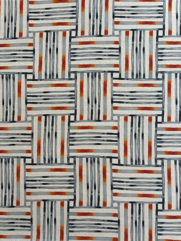 Madras Fabric – Midnight/Rust on Natural Linen, Sold by the Yard