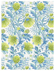 A wallpaper with a repeating pattern of blue and green floral designs, including banksia flowers and leaves. Matchstick Banksia Wallpaper – Green | Nature Inspired Wall Covering