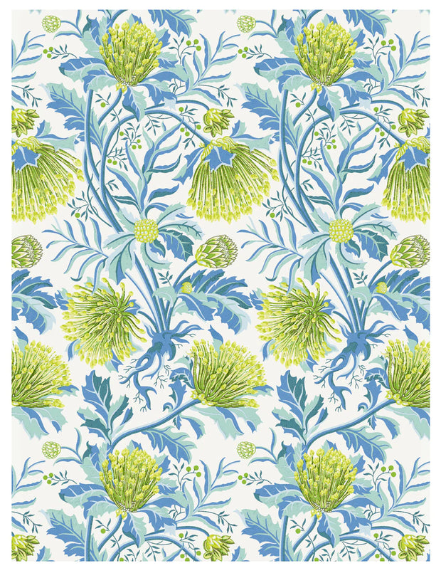A wallpaper with a repeating pattern of blue and green floral designs, including banksia flowers and leaves. Matchstick Banksia Wallpaper – Green | Nature Inspired Wall Covering
