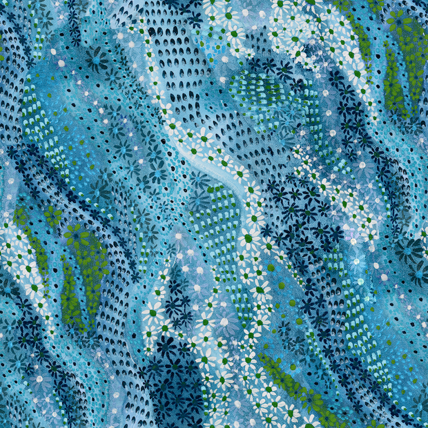A section of wallpaper with an abstract pattern featuring blue and green colors, and white dots - Cobalt Wallpaper – Movement Collection | Modern Non-Woven Wallcovering