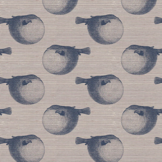 A section of wallpaper with a blue grasscloth pattern featuring an imprinted fish design - Deep Dive Grasscloth Wallpaper – Mr. Blow Collection | Premium Grasscloth