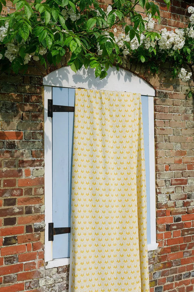Mustard Ikat Heart Fabric – Cotton Linen, 140cm, 2.25"x3.6" Repeat