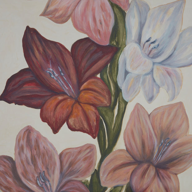 A wallpaper design featuring a variety of flowers including pink and red magnolias, and blue and white lilies - Muted Steel Magnolia Wallpaper – Oversized Floral Yard Wallpaper