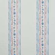 A section of wallpaper with a blue and white stripe pattern, featuring floral designs and geometric shapes - Blue Nazar Stripe Wallpaper – 27" Wide, Sold by Yard