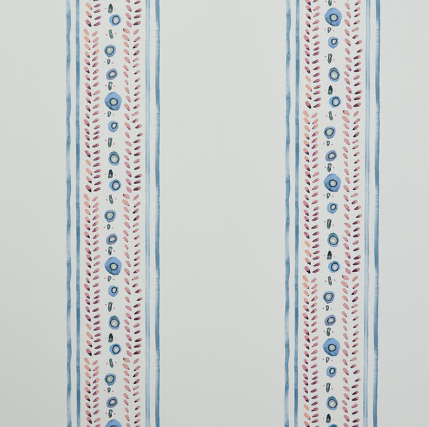 A section of wallpaper with a blue and white stripe pattern, featuring floral designs and geometric shapes - Blue Nazar Stripe Wallpaper – 27" Wide, Sold by Yard