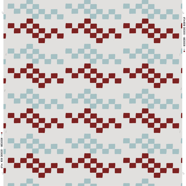 A wallpaper with a geometric checker pattern featuring abstract elements in red, blue, and gray on a light background. Mocassin Wallpaper – New Checker Pattern with Modern Clay Finish