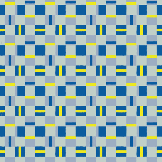 A section of wallpaper with a geometric pattern consisting of blue and yellow squares on a beige background. Derby Wallpaper – Nookshelf Design in Durable Clay-Coated Finish