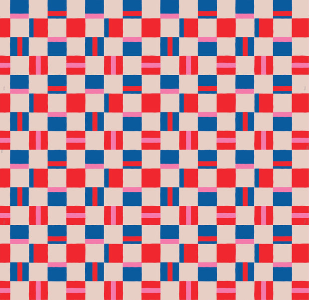 A wallpaper with a geometric pattern featuring a combination of red, blue, pink, and beige colors.