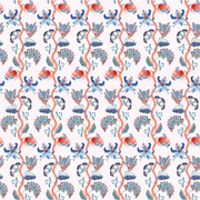 A wallpaper with a floral pattern featuring scallops in shades of navy and pale pink.