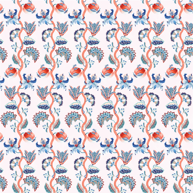 A wallpaper with a floral pattern featuring scallops in shades of navy and pale pink.