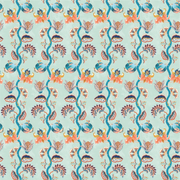 A wallpaper with a floral pattern featuring scallops in shades of blue, green, and beige.