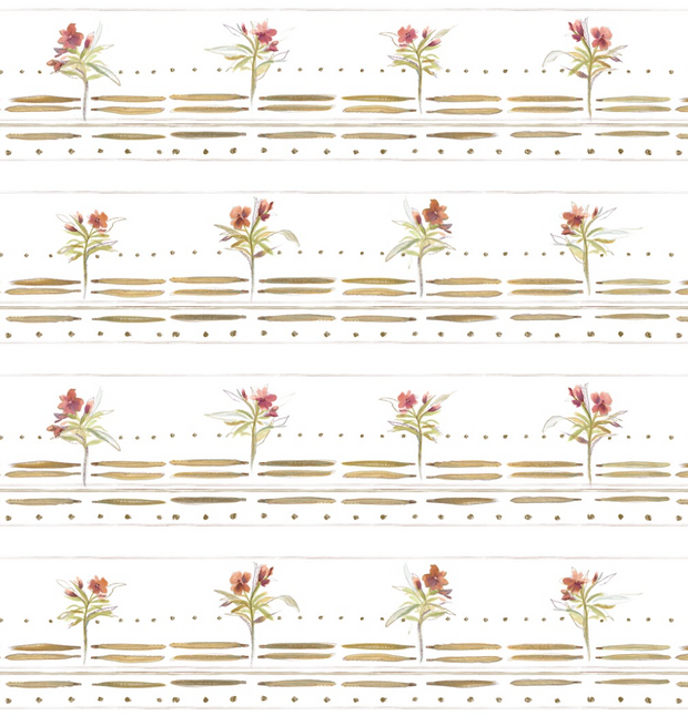 A patterned wallpaper featuring a repeating design with pink floral motifs and brown stripes on a white background - Silent Swan - Oleander Wallpaper - Grasscloth, Straight Match | Supply Showroom