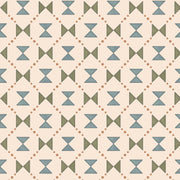 A wallpaper with a geometric pattern featuring diamond-shaped figures in blue, green, and beige colors on a beige background.