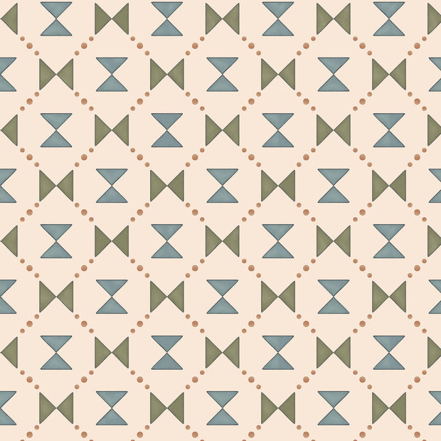 A wallpaper with a geometric pattern featuring diamond-shaped figures in blue, green, and beige colors on a beige background.