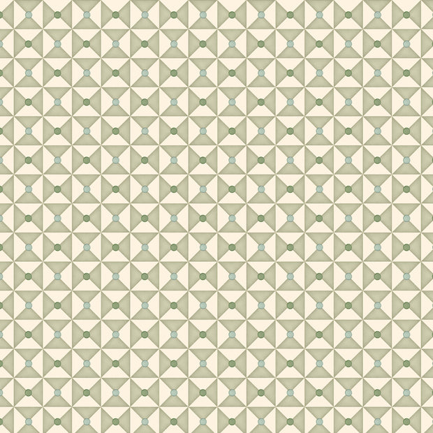 A wallpaper with a geometric pattern of broken dishes in beige and green colors.