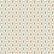A wallpaper with a geometric pattern featuring a variety of shapes in beige, blue, red, and orange, and a repeating pattern of dots.