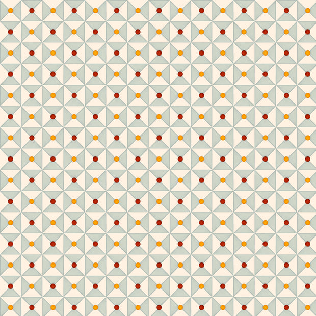 A wallpaper with a geometric pattern featuring a variety of shapes in beige, blue, red, and orange, and a repeating pattern of dots.