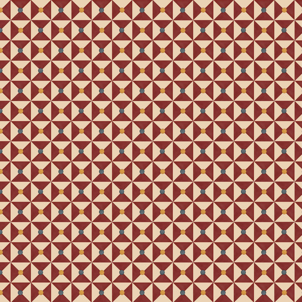 A wallpaper with a geometric pattern featuring diamonds and triangles in a red color on a beige background.