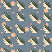 A wallpaper pattern featuring a repeated sequence of a winged creature with blue and beige colors on a grey background.