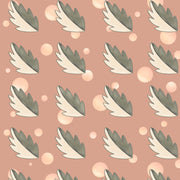 A section of wallpaper with a pattern of grey and pink wings on a beige background, sold by the meter.