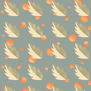 A wallpaper pattern featuring a repeated sequence of beige, blue, and orange wing-like shapes on a grey background.