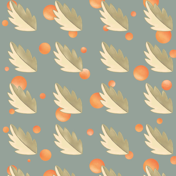 A wallpaper pattern featuring a repeated sequence of beige, blue, and orange wing-like shapes on a grey background.
