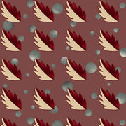 A wallpaper with a repeated pattern of burgundy red and beige grayscale faerie wings on a brown background, interspersed with small white dots.