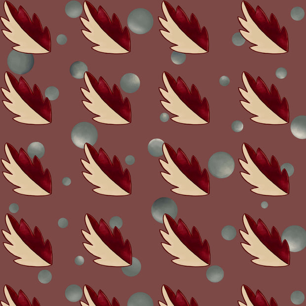 A wallpaper with a repeated pattern of burgundy red and beige grayscale faerie wings on a brown background, interspersed with small white dots.