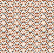 A wallpaper with a geometric pattern featuring abstract designs in brown, blue, and orange colors. Marola Wallpaper – Rust & Blue | Stylish Floral Wall Covering