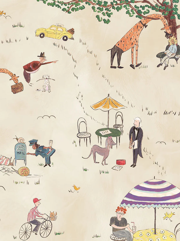 A section of wallpaper depicting a whimsical illustration with various characters and animals.