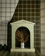 Decorative fireplace with a tree inside, surrounded by plaid-patterned wallpaper.