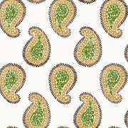 A wallpaper featuring a paisley pattern with green and brown leaves on a white background.