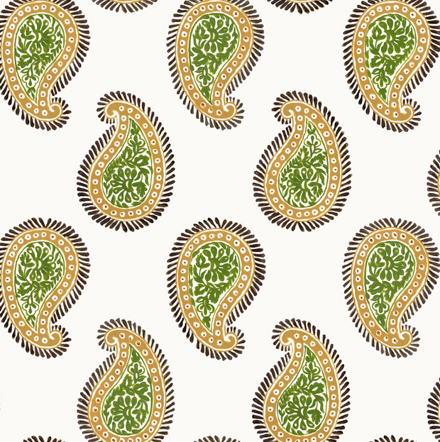 A wallpaper featuring a paisley pattern with green and brown leaves on a white background.