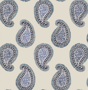 A patterned wallpaper featuring a paisley design with blue floral motifs on a beige background - Satchel - Paisley Wallpaper - Grasscloth, Straight Match | Supply Showroom