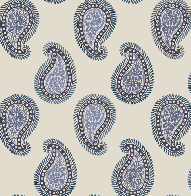 A patterned wallpaper featuring a paisley design with blue floral motifs on a beige background - Satchel - Paisley Wallpaper - Grasscloth, Straight Match | Supply Showroom