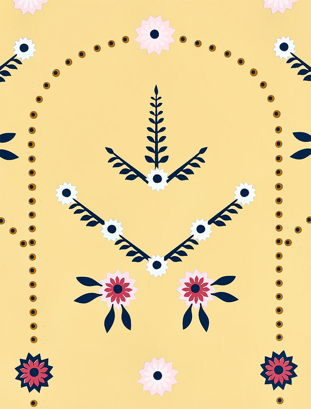 A section of wallpaper with a floral pattern consisting of various flowers and palm leaves on a yellow background, trimmed to show a section of the design - Palmyra Digby Wallpaper – 27" Wide Roll, Straight Match, Classic Design