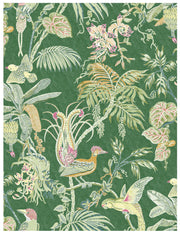 A section of wallpaper with a green background featuring a floral pattern with birds and tropical leaves. Paradise Wallpaper – Green | Tropical Botanical Wall Covering by Yard