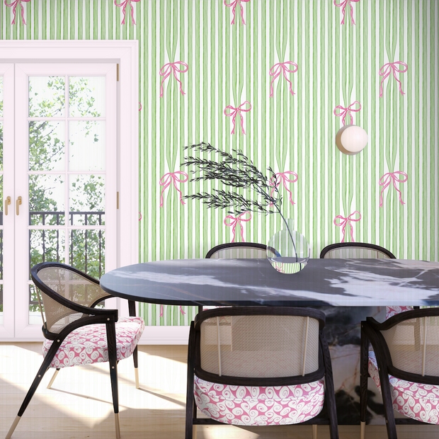 Bow Stripes Wallpaper in Green -Elegant Stripe Design