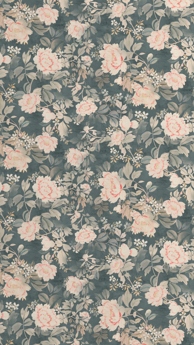 Petrol Wallpaper | Peony, 27" Width, Half Drop, Sold by Yard