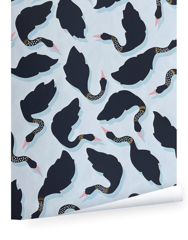 A wallpaper with a pattern of stylized black birds and their reflections on a blue background, and gold accents - Perle Noir La Joséphine Wallpaper – 27" Roll, 36" Repeat, Elegant Design