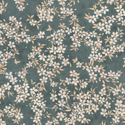A wallpaper with a floral pattern featuring cherry blossoms in beige and navy colors on a darker background - Petrol Wallpaper | Cherry Blossom, 27" Width, Half Drop, Sold by Yard