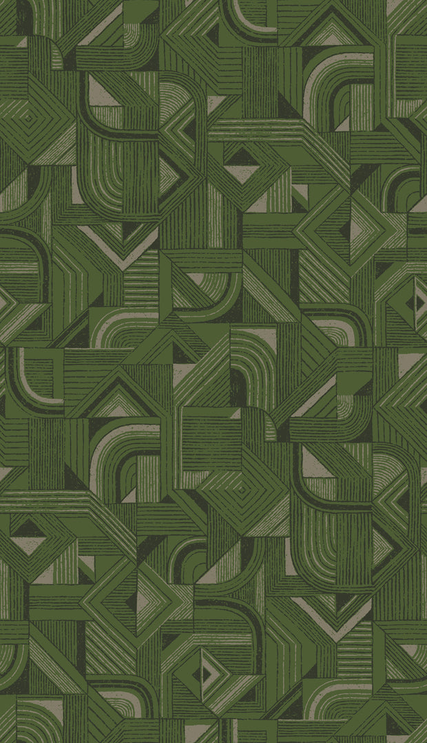 A section of wallpaper with a geometric grasscloth pattern in green, black, and beige colors.

Pine Wallpaper – Offcut | 34" Fineweave Texture, By Yard