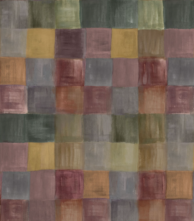 A section of wallpaper with a geometric plaid pattern in a variety of colors including brown, green, gray, and purple - City Square - Plaid Wallpaper - Non-Woven Fibre, Straight Match | Supply Showroom