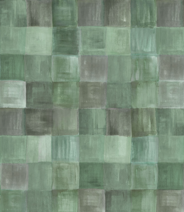 A section of wallpaper with a geometric plaid pattern in shades of green - Early Morning - Plaid Wallpaper - Non-Woven Fibre, Straight Match | Supply Showroom