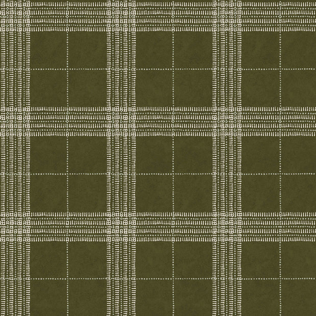 A section of wallpaper with a green and white plaid pattern on a dark background. Dark Olive - Prairie Style Plaid Wallpaper by Panel